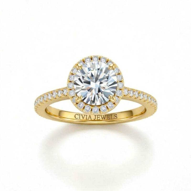 Yellow Gold Round Diamond Halo Engagement Ring With Pavé Band Design