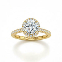 Yellow Gold Round Diamond Halo Engagement Ring With Pavé Band Design