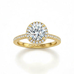 Yellow Gold Round Diamond Halo Engagement Ring With Pavé Band Design