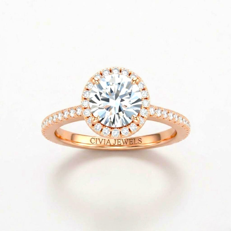 Rose Gold Round Diamond Halo Engagement Ring With Pavé Band Design
