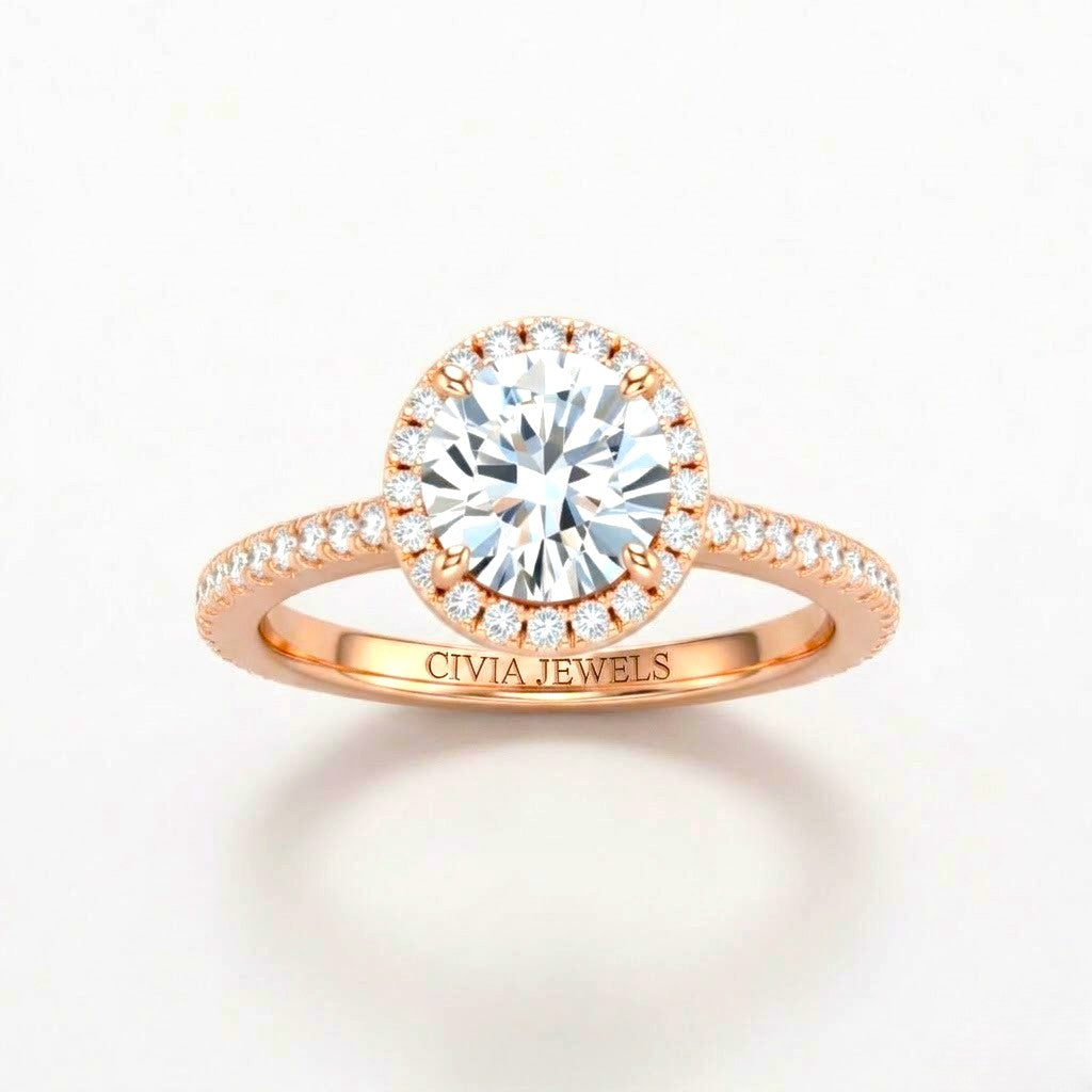 Rose Gold Round Diamond Halo Engagement Ring With Pavé Band Design