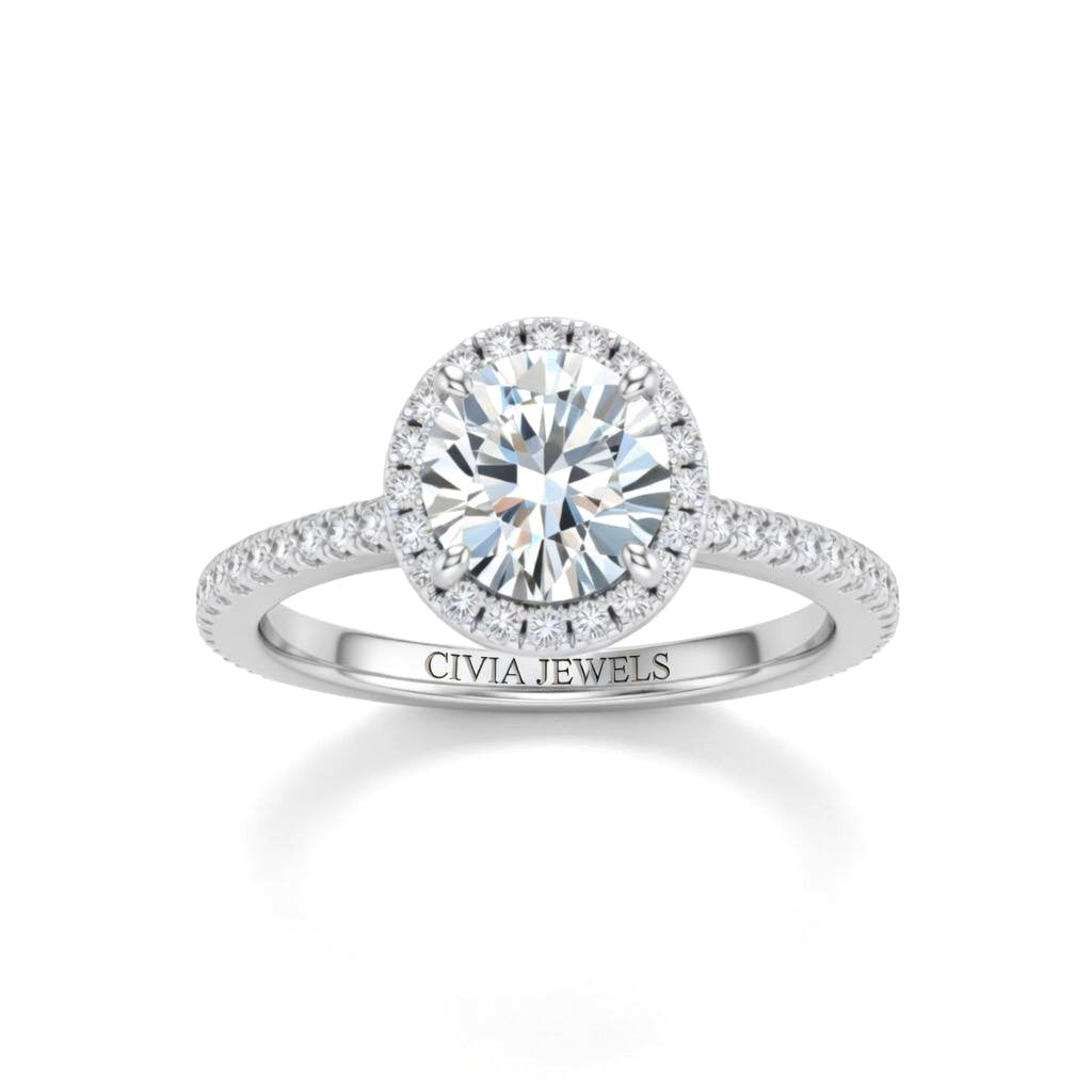 Silver Round Diamond Halo Engagement Ring With Pavé Band Design