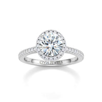 Silver Round Diamond Halo Engagement Ring With Pavé Band Design