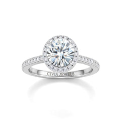 Silver Round Diamond Halo Engagement Ring With Pavé Band Design