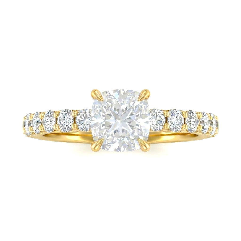 Yellow Gold Cushion Diamond Engagement Ring With Pavé Band Design