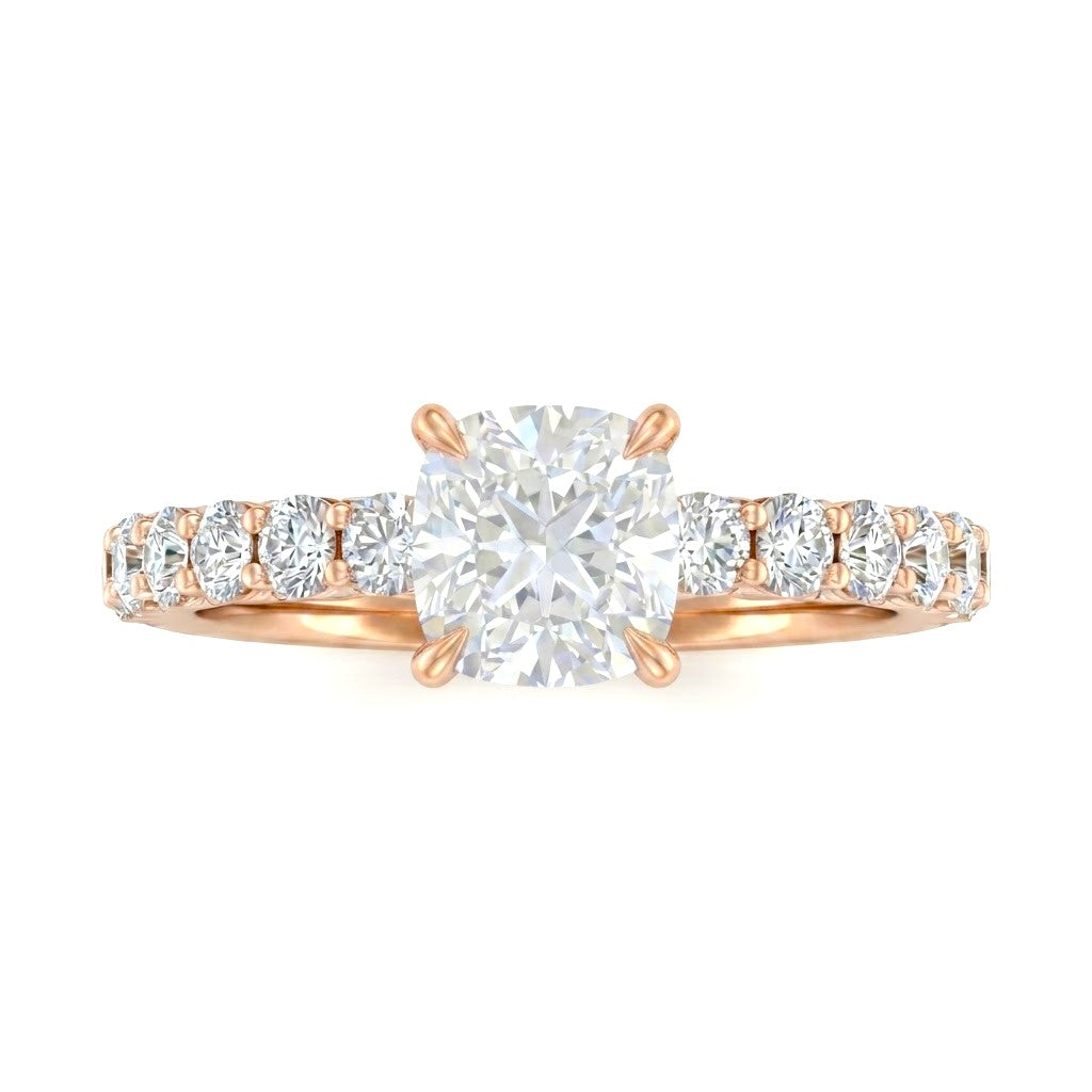 Rose Gold Cushion Diamond Engagement Ring With Pavé Band Design