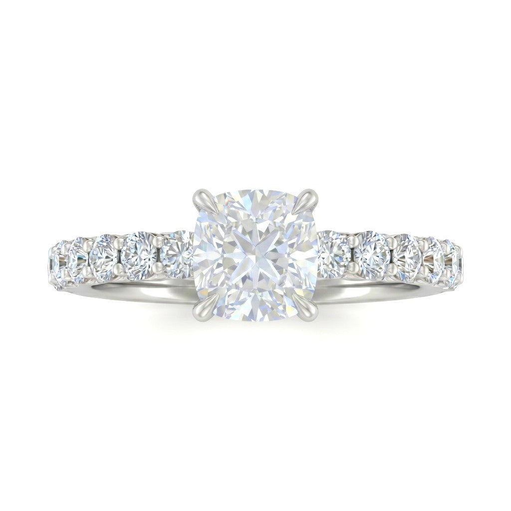 White Gold Cushion Diamond Engagement Ring With Pavé Band Design