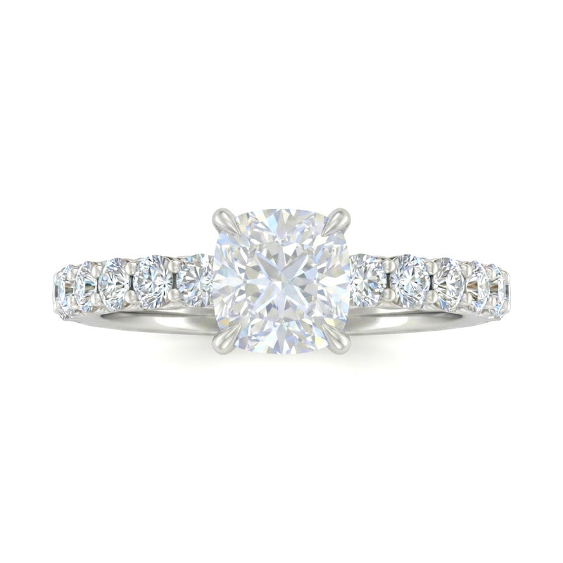 Silver Cushion Diamond Engagement Ring With Pavé Band Design