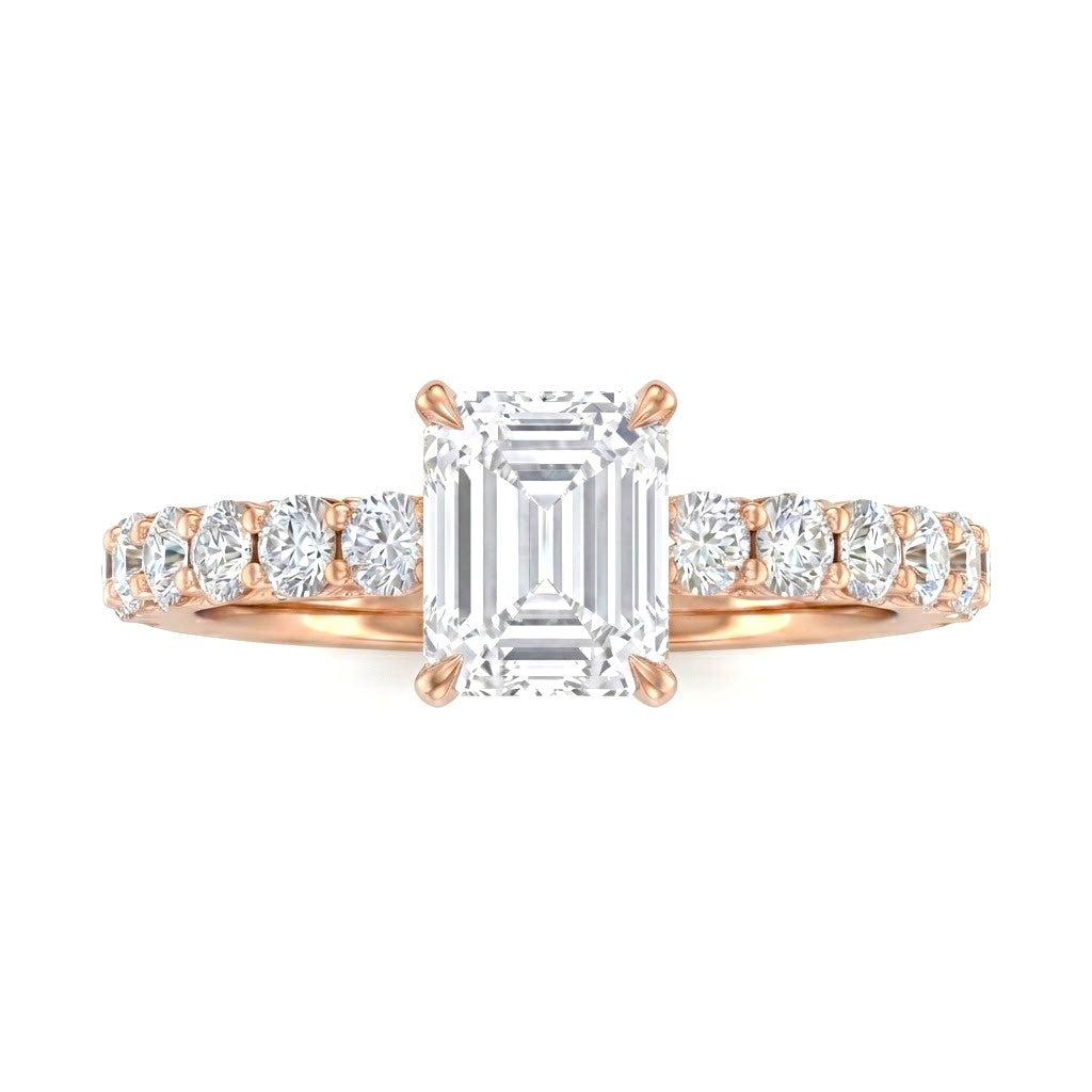 Rose Gold Emerald Diamond Engagement Ring With Pavé Band Design