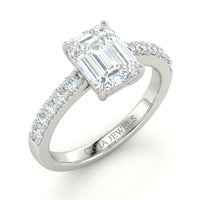 White Gold Emerald Diamond Engagement Ring With Pavé Band Design