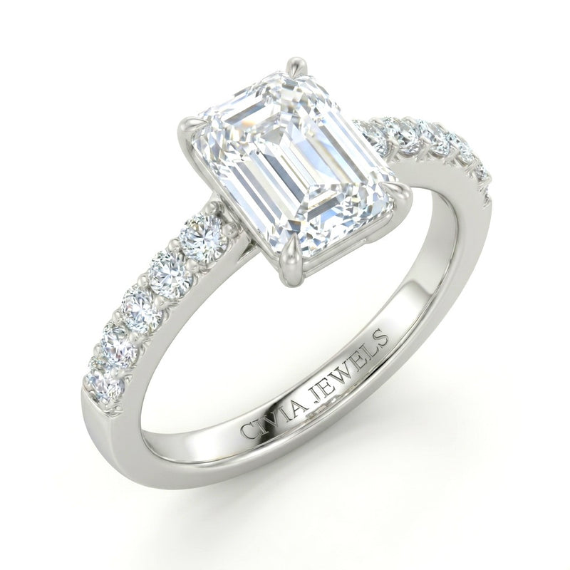 Silver Emerald Diamond Engagement Ring With Pavé Band Design