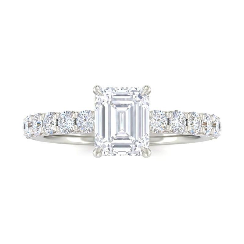 White Gold Emerald Diamond Engagement Ring With Pavé Band Design