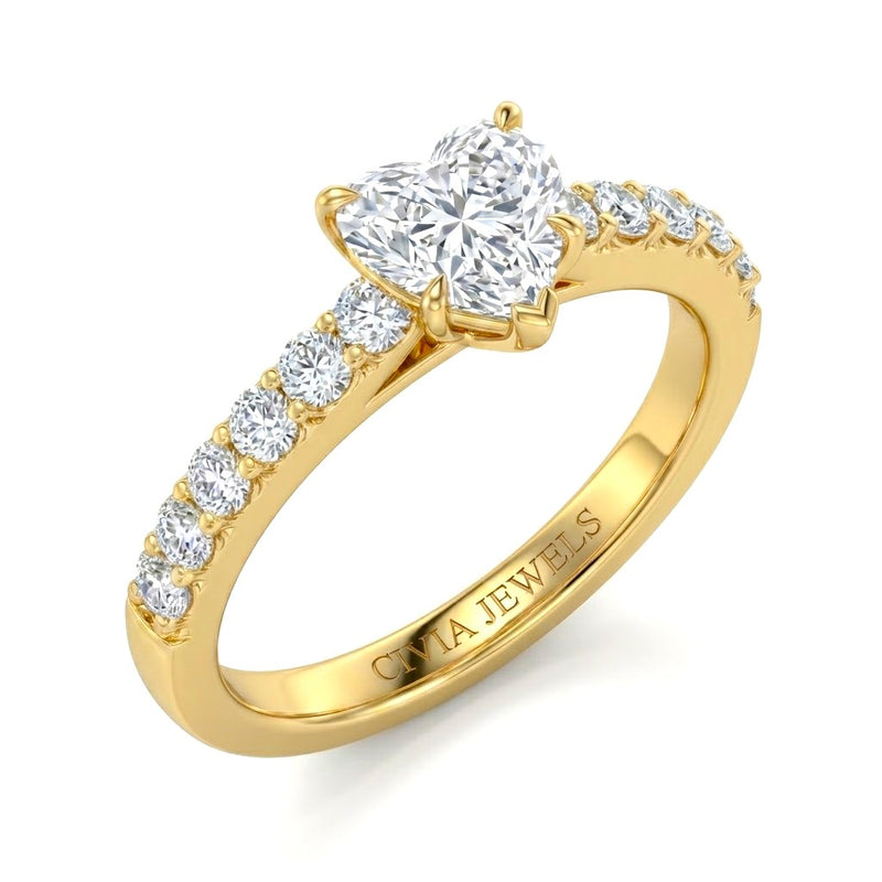 Yellow Gold Heart Diamond Engagement Ring With Pavé Band Design