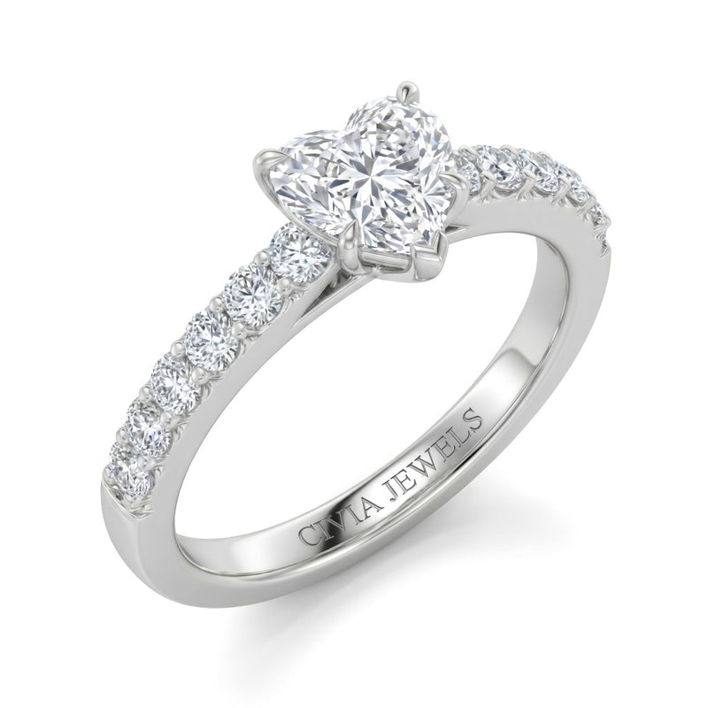 White Gold Heart Diamond Engagement Ring With Pavé Band Design