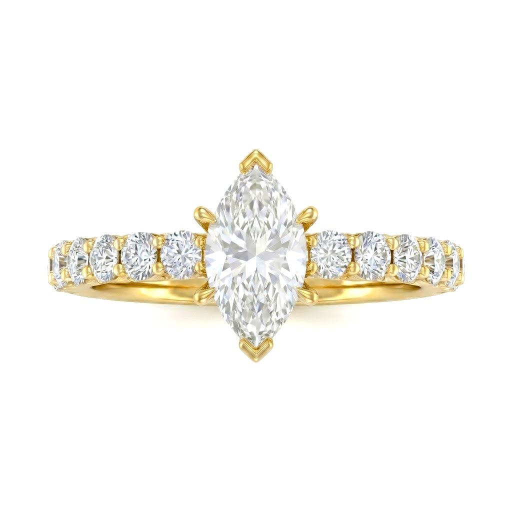 Yellow Gold Marquise Diamond Engagement Ring With Pavé Band Design