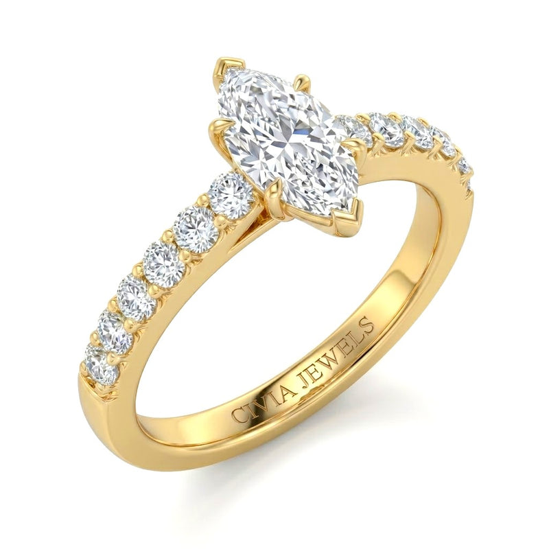 Yellow Gold Marquise Diamond Engagement Ring With Pavé Band Design
