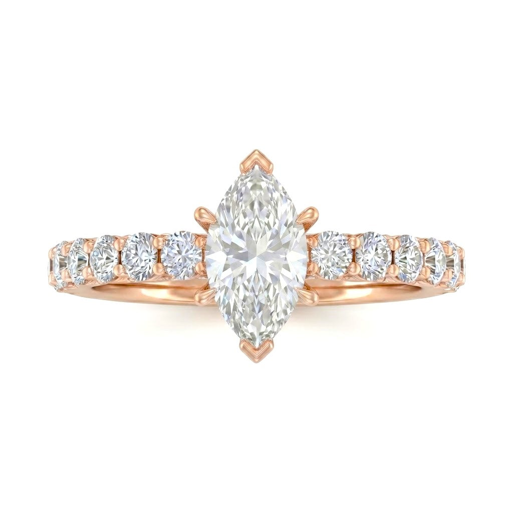 Rose Gold Marquise Diamond Engagement Ring With Pavé Band Design