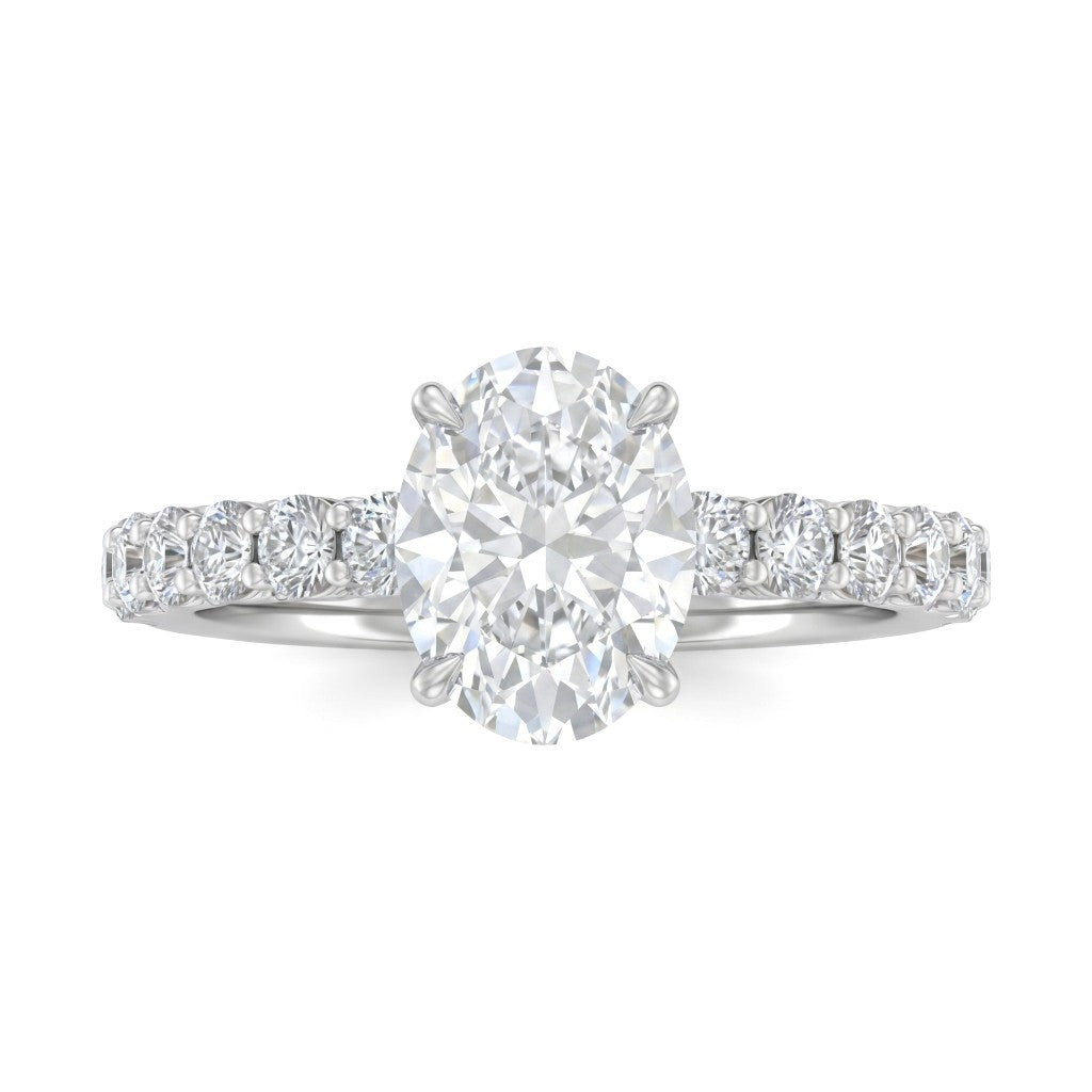 Silver Oval Diamond Engagement Ring With Pavé Band Design