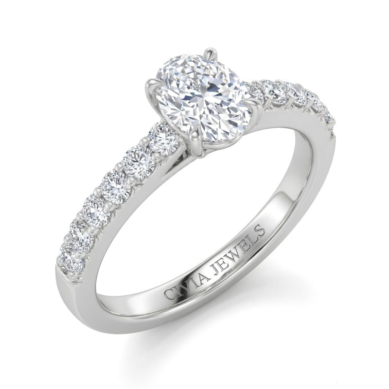 White Gold Oval Diamond Engagement Ring With Pavé Band Design