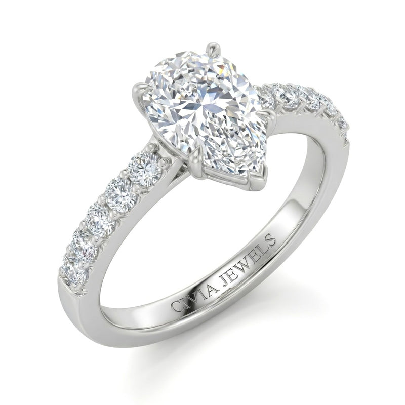 Silver Pear Diamond Engagement Ring With Pavé Band Design