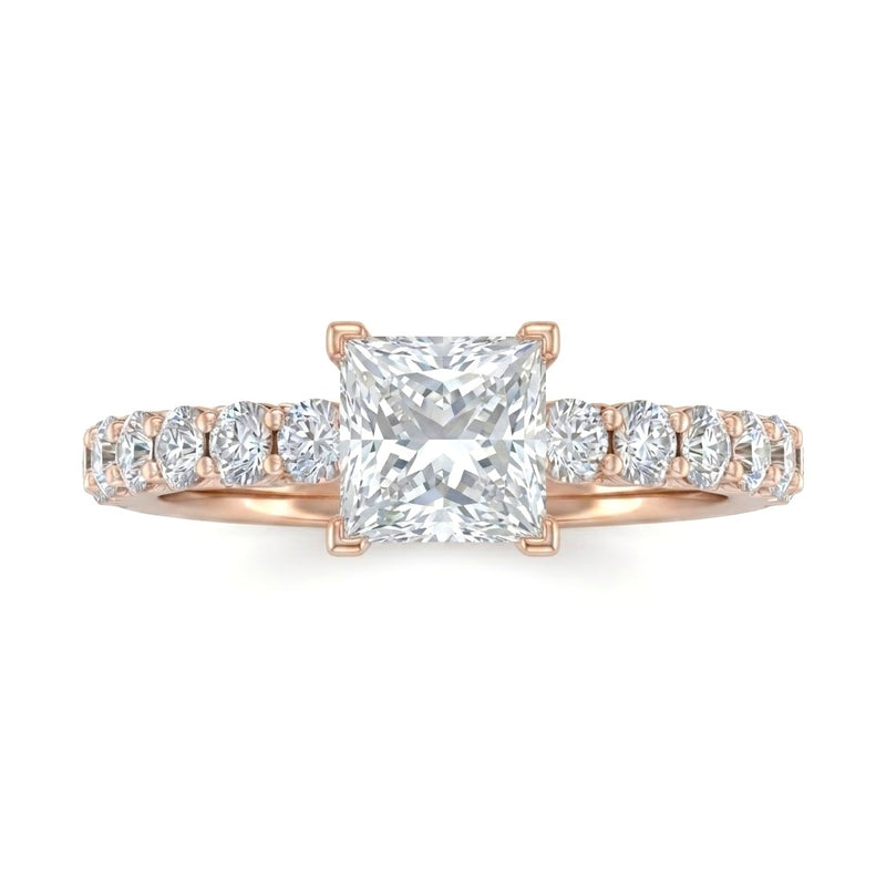 Rose Gold Princess Diamond Engagement Ring With Pavé Band Design