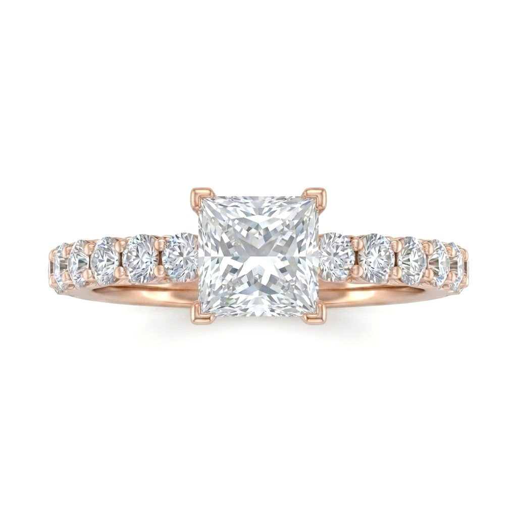 Rose Gold Princess Diamond Engagement Ring With Pavé Band Design