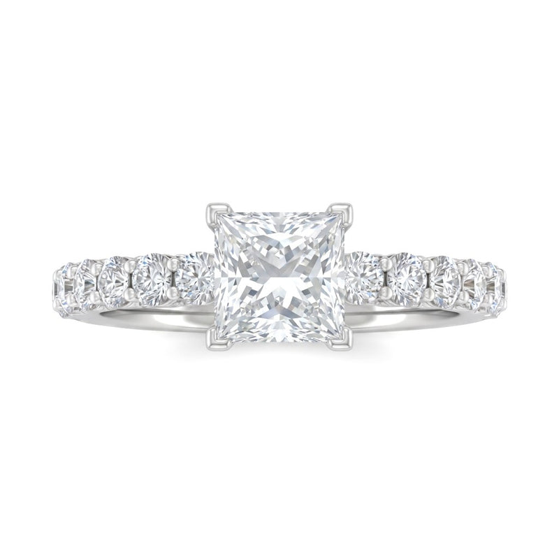 Silver Princess Diamond Engagement Ring With Pavé Band Design