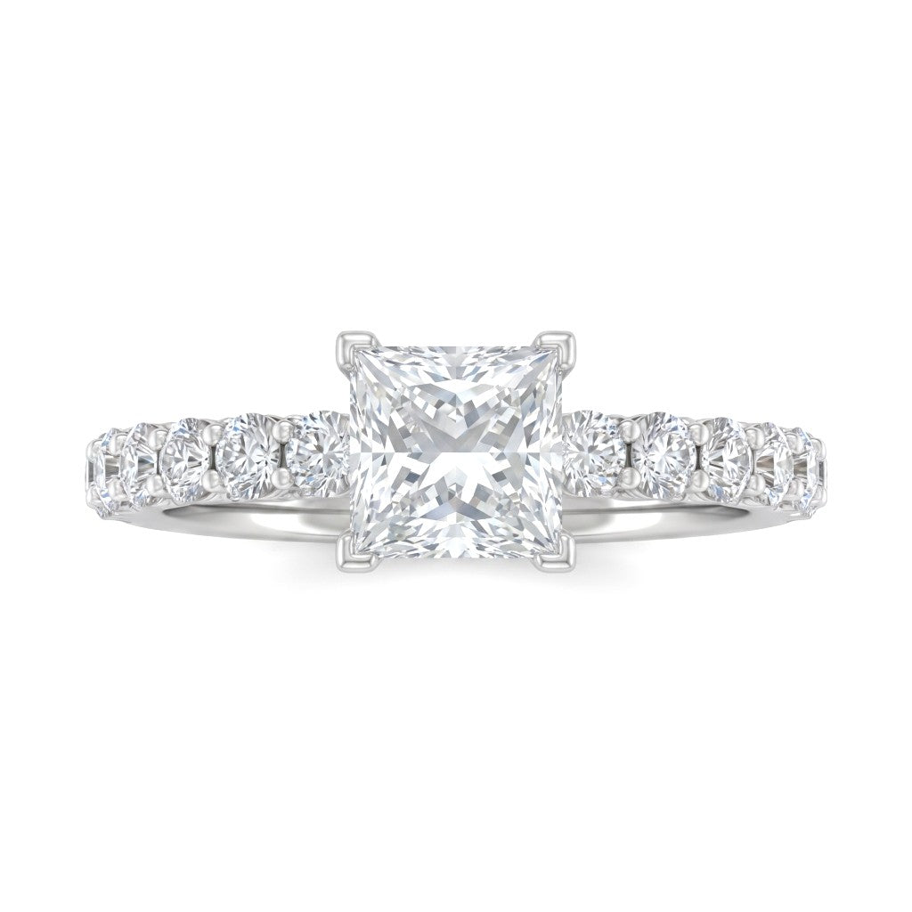 Silver Princess Diamond Engagement Ring With Pavé Band Design