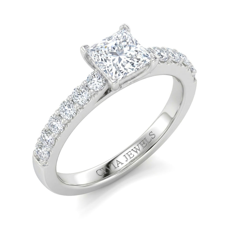 White Gold Princess Diamond Engagement Ring With Pavé Band Design