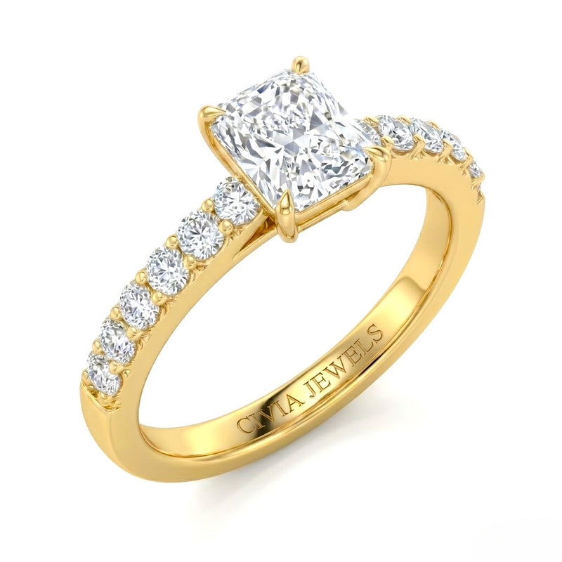 Yellow Gold Radiant Diamond Engagement Ring With Pavé Band Design