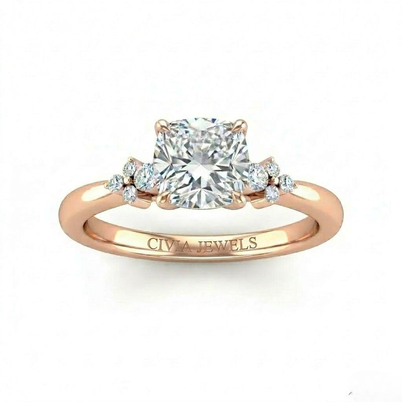 Rose Gold Cushion Diamond Engagement Ring With Floral Cluster Side Design