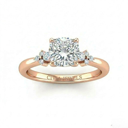 Rose Gold Cushion Diamond Engagement Ring With Floral Cluster Side Design