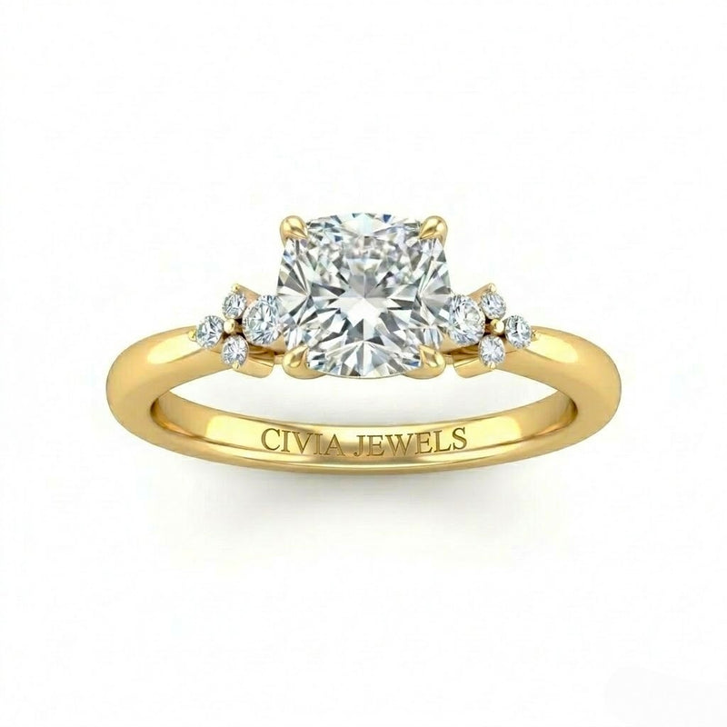 Yellow Gold Cushion Diamond Engagement Ring With Floral Cluster Side Design