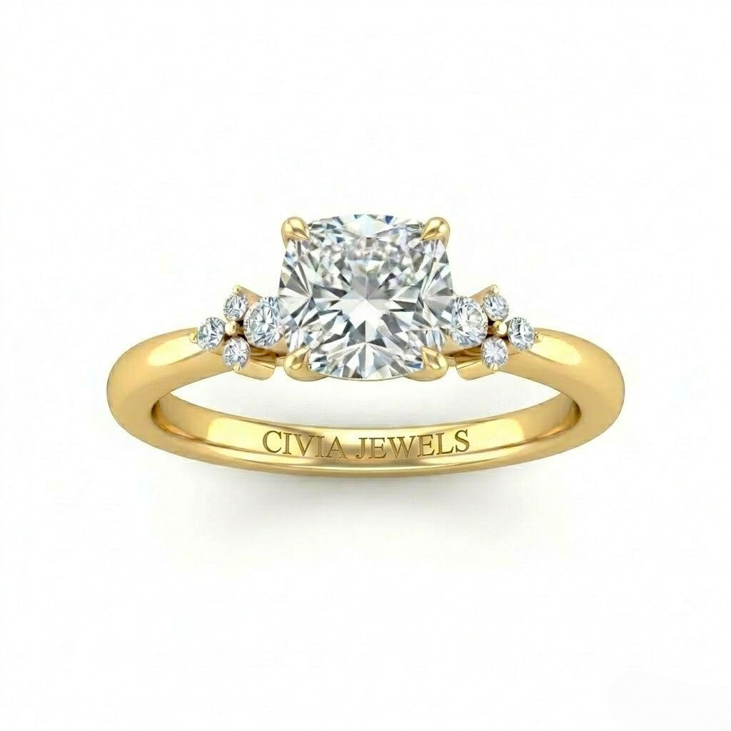 Yellow Gold Cushion Diamond Engagement Ring With Floral Cluster Side Design