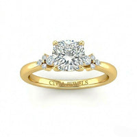 Yellow Gold Cushion Diamond Engagement Ring With Floral Cluster Side Design