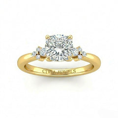 Yellow Gold Cushion Diamond Engagement Ring With Floral Cluster Side Design