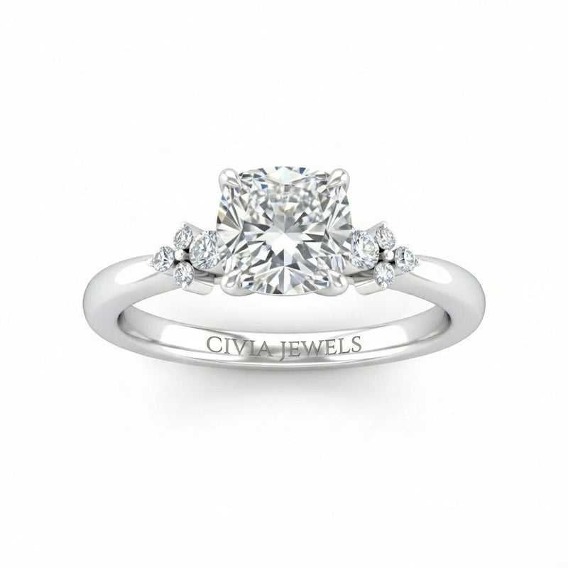 White Gold Cushion Diamond Engagement Ring With Floral Cluster Side Design