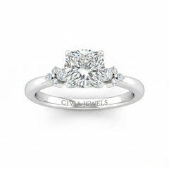 White Gold Cushion Diamond Engagement Ring With Floral Cluster Side Design
