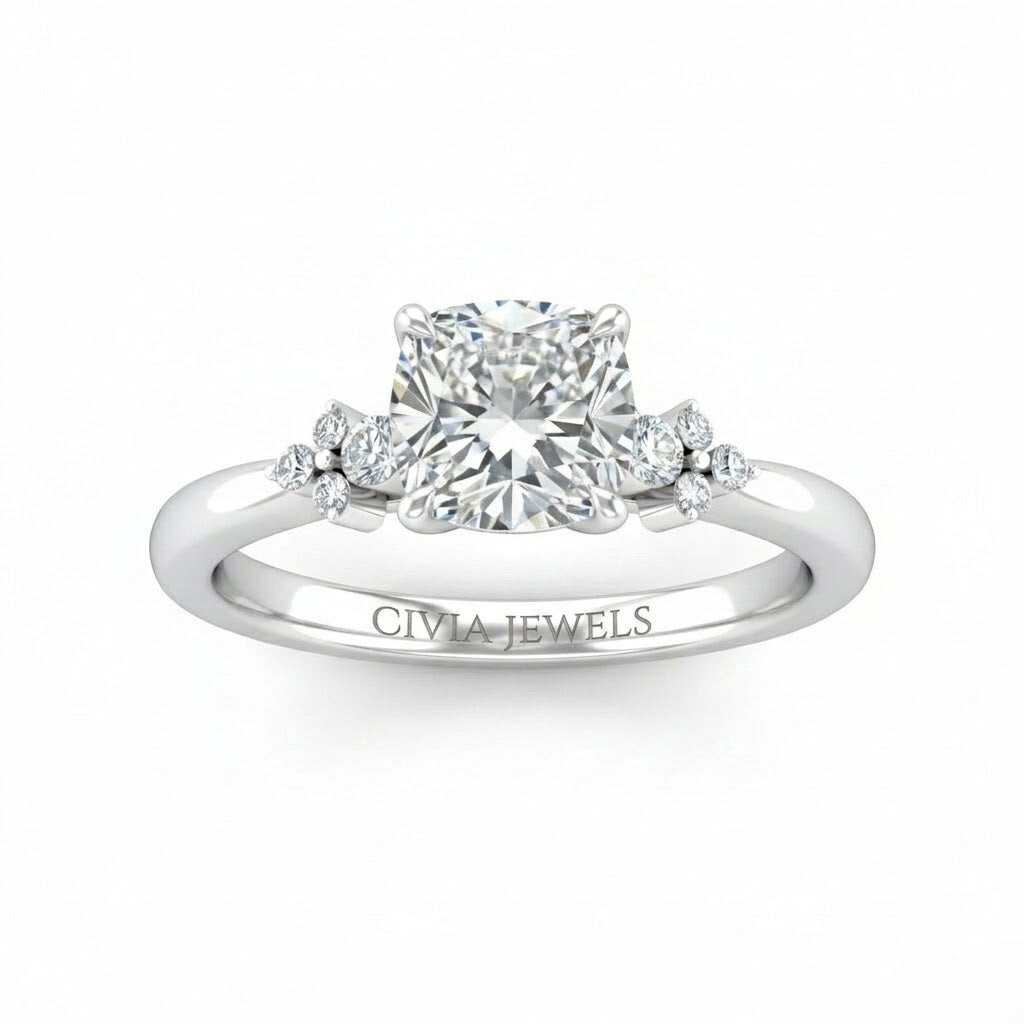 Silver Cushion Diamond Engagement Ring With Floral Cluster Side Design
