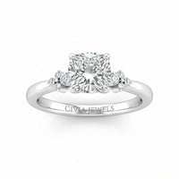 Silver Cushion Diamond Engagement Ring With Floral Cluster Side Design