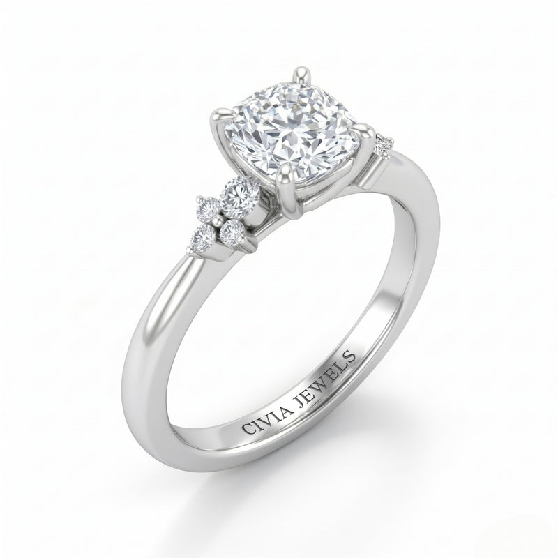 White Gold Cushion Diamond Engagement Ring With Floral Cluster Side Design