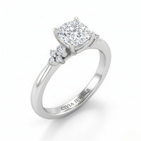 White Gold Cushion Diamond Engagement Ring With Floral Cluster Side Design