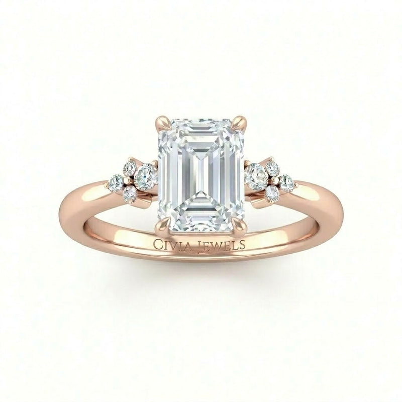 Rose Gold Emerald Diamond Engagement Ring With Floral Cluster Side Design