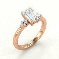 Rose Gold Emerald Diamond Engagement Ring With Floral Cluster Side Design
