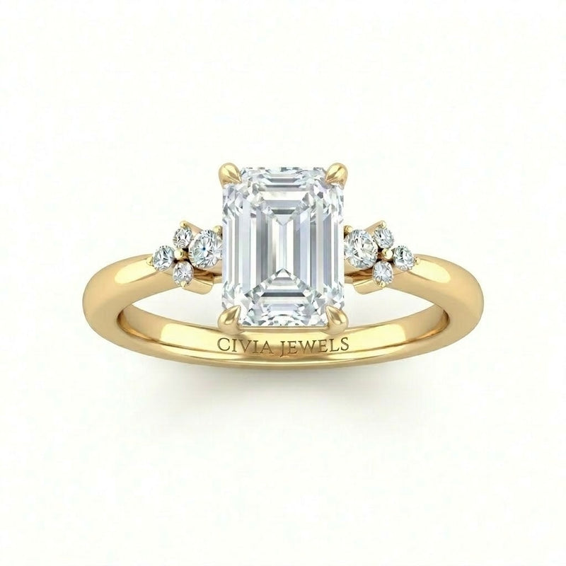 Yellow Gold Emerald Diamond Engagement Ring With Floral Cluster Side Design