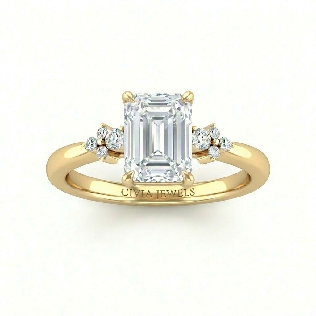Yellow Gold Emerald Diamond Engagement Ring With Floral Cluster Side Design