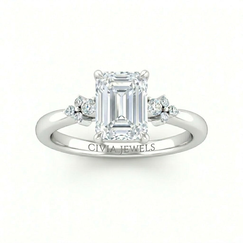 Silver Emerald Diamond Engagement Ring With Floral Cluster Side Design