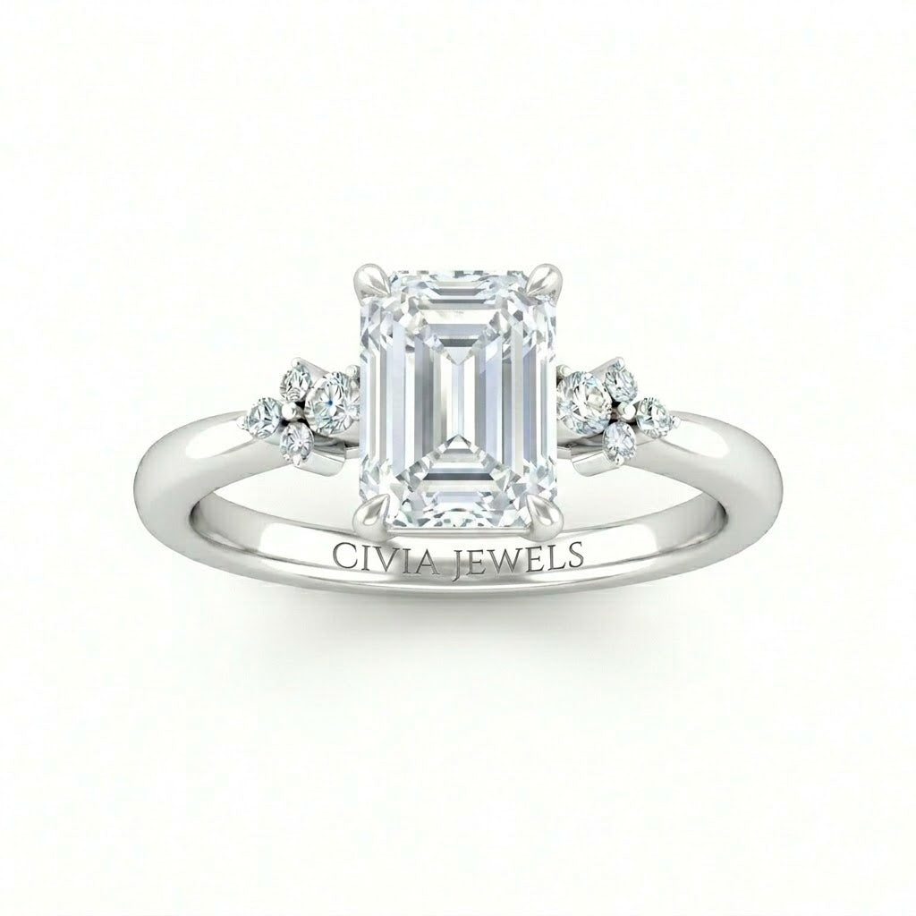 Silver Emerald Diamond Engagement Ring With Floral Cluster Side Design