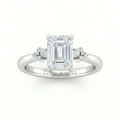 Silver Emerald Diamond Engagement Ring With Floral Cluster Side Design