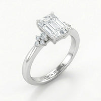 Silver Emerald Diamond Engagement Ring With Floral Cluster Side Design